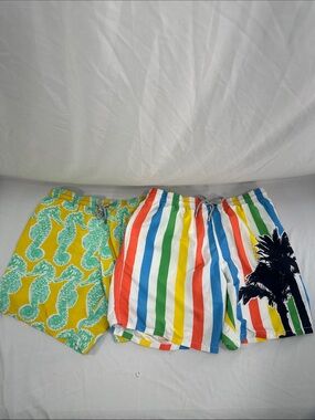 Lot 2 Vilebrequin Swim Trunks 3XL Drawstring Palm Trees Stripes Pockets Lined